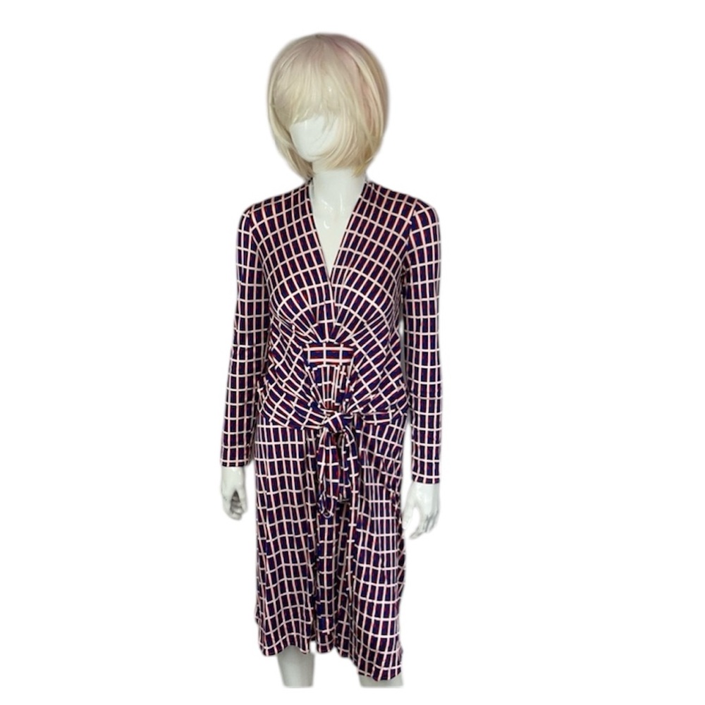 Issa London Blue Red White Geometric 100% Silk Long Sleeve Dress Size 6